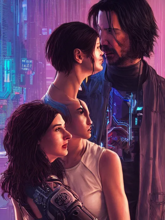 Prompt: a cyberpunk 2077 couple portrait of Keanu Reeves and V ,love story ,film lighting,by laurie greasley,Lawrence Alma-Tadema,William Morris,Dan Mumford,trending on atrstation,full of color,Digital painting,face enhance,highly detailed,8K, octane,golden ratio,cinematic lighting