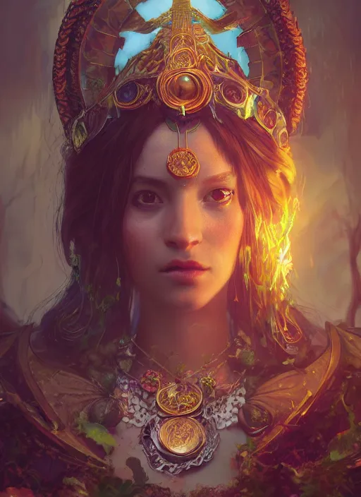 Image similar to Beautiful art portrait of a female fantasy priestess in a bright temple surrounded by lush forest, atmospheric lighting, intricate detail, cgsociety, hyperrealistic, octane render, RPG portrait, ambient light, dynamic lighting