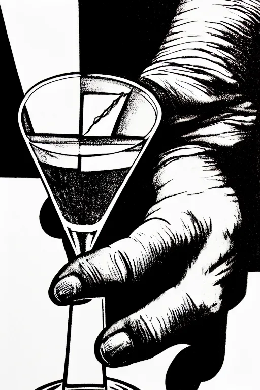 Image similar to an old mans hand holding a martini, bold line art, by vincent di fate inking, etching, screen print, masterpiece, sharp, high contrast, hyper - detailed, hd, 4 k, 8 k