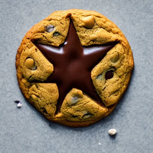 Prompt: close view of a 5 pointed star shaped chocolate chip cookie, warm dim light