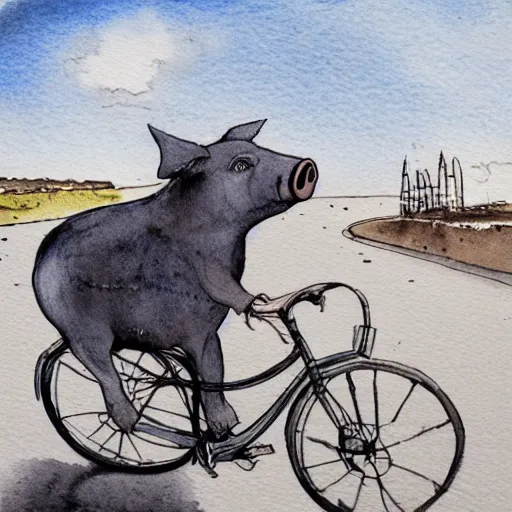 Image similar to a pig riding a bicycle on the road by the seaport,detailed watercolor pen ink illustraion by Hugo Prades