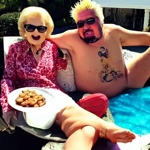 Image similar to betty white sunbathing with guy fieri