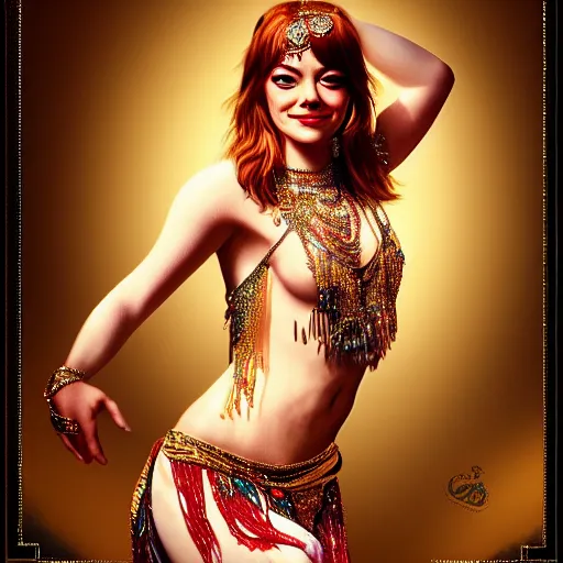 Prompt: a photorealistic portrait of actress emma stone dressed as a belly dancer, arabian night, high quality, fully detailed, 4 k, in focus sharp face with fine details, realistic hands and anatomical composition, inspired by belly dancer on youtube, alphonse mucha, masterpiece, stunning