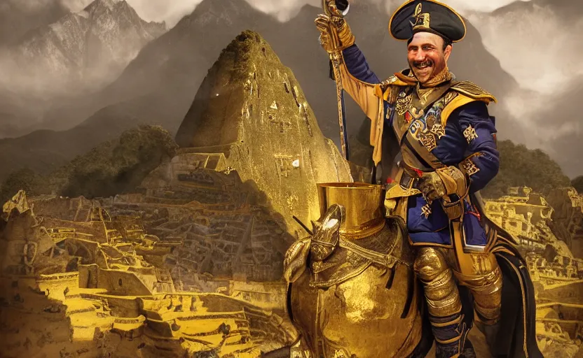 Image similar to smiling spanish conquer soldier francisco pizarro holding golden cup on a inca temple, wide view, high detailed, full perfect, symmetrical portrait, high detail, by craig mullins, peter mohrbacher, unreal engine, octane rendered, 8 k, dark beauty, trending on artstation