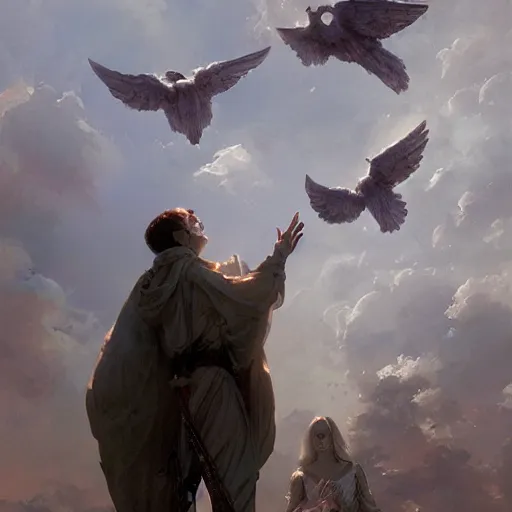 Image similar to priests crying while angels fly above them geog darrow greg rutkowski