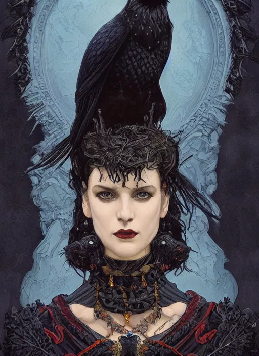 Image similar to portrait of a goth god and black raven by Neil Gaiman, intricate, elegant, highly detailed, digital painting, artstation, concept art, smooth, sharp focus, illustration, art by artgerm and greg rutkowski and alphonse mucha and francisco goya