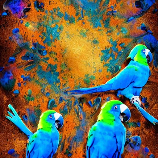 Image similar to blue parrots emerging from fluids mixing, atmospheric liquids, ornate intricate, hyper realistic, 16k, post processing, saturated blue colors, nature background