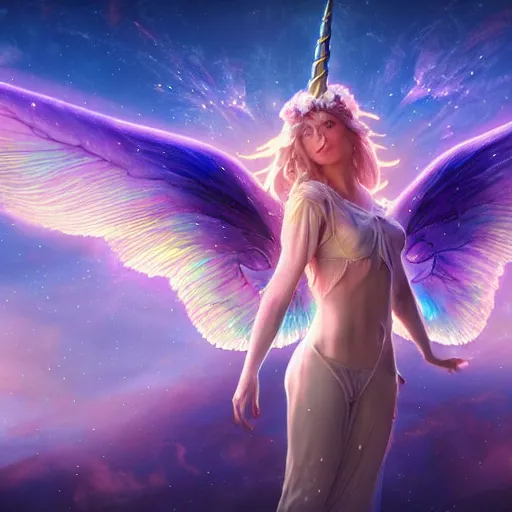 Image similar to an iridescent unicorn with translucent wings frolicking in a field of marijuana, a nebula is in the sky, art by artgerm and greg rutkowski and alphonse mucha, concept art, octane render, unreal engine 5, highly detailed, high quality, 8 k, soft lighting, path traced