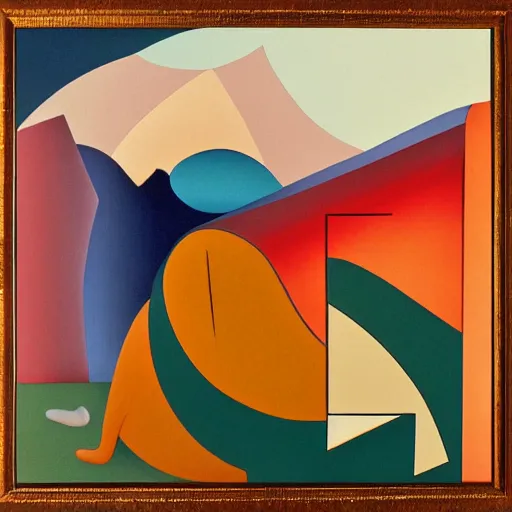 Image similar to woman as the natural landscape, her curves form the mountains and rivers of the land , high quality art in the style of cubism and georgia o’keefe,