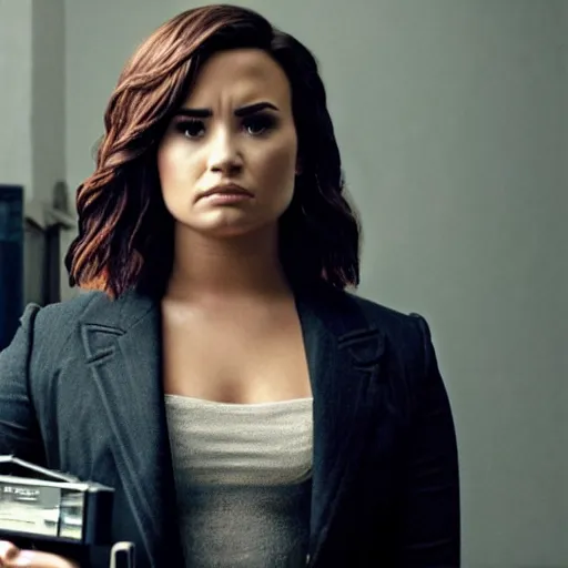 Image similar to close-up of Demi Lovato as a detective in a movie directed by Christopher Nolan, movie still frame, promotional image, imax 70 mm footage