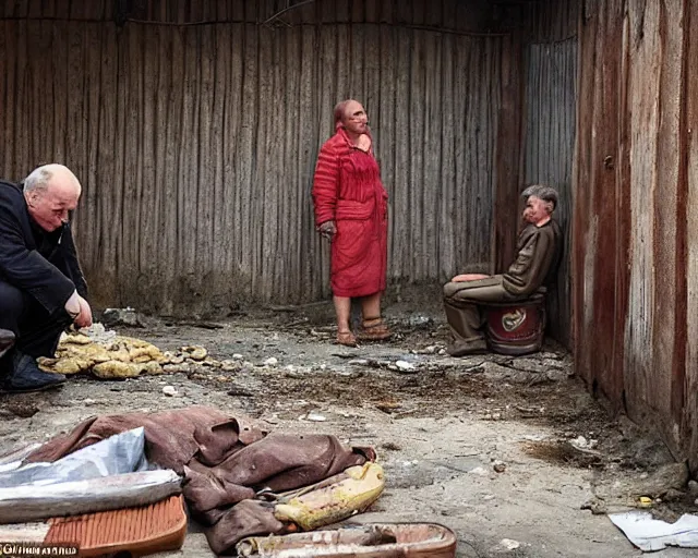 Image similar to фдучфтвук lukashenko inject heroin on the backdrop of poverty, wooden toilets, pits and squalor from vince gilligan film