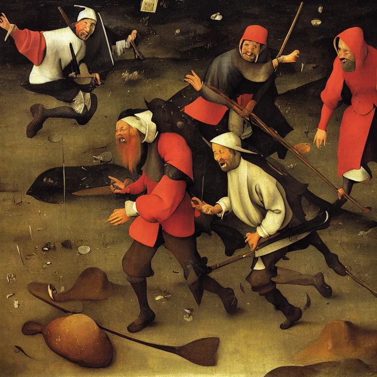 Image similar to The portrait of three half-men half-fish running away with gold from Grim Reaper who laughs and follow them, by Hieronymus Bosch and Pieter Bruegel inspired by Terry Pratchett, super detailed oil painting, hyper realistic faces, 4k, masterpiece