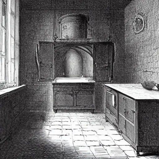 Image similar to kitchen of an abandonded house, illustration by Gustav Doré