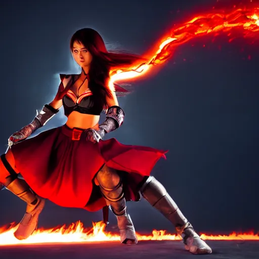 Prompt: dslr photo of beautiful erza scarlet wearing a skirt and casting a fireball against ryu hayabusa from ninja gaiden, portrait photo, real photo, real camera, extreme detailed face and body, high quality, moody lighting, fast paced lines, sharp quality, enchanting, 8 k