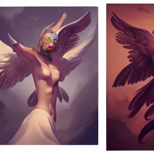 Image similar to a painting of a woman with wings on her head, a character portrait by Peter Mohrbacher, polycount contest winner, vanitas, grotesque, speedpainting, lovecraftian