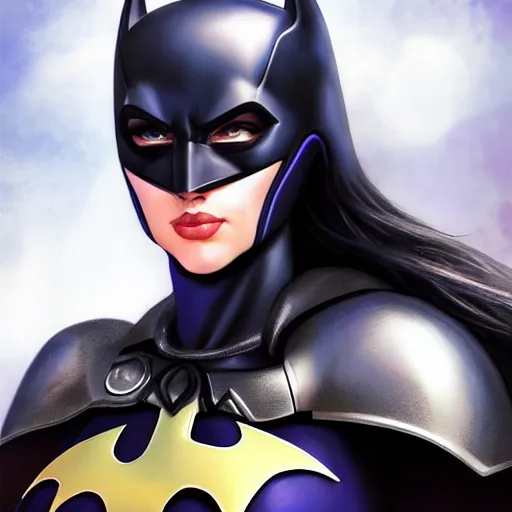 Prompt: head and shoulders portrait of a female knight, batgirl, by artgerm, face detail, extremely detailed, anime
