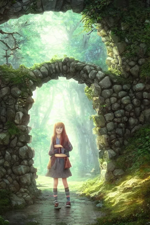 Image similar to a highly detailed matte painting of a teenager with shaggy hair and hip clothes standing in front of a stone gate in the elven forest ruins, by studio ghibli, by artgerm, by wlop, by greg rutkowski, red tones, volumetric lighting, octane render, 4 k resolution, trending on artstation, masterpiece