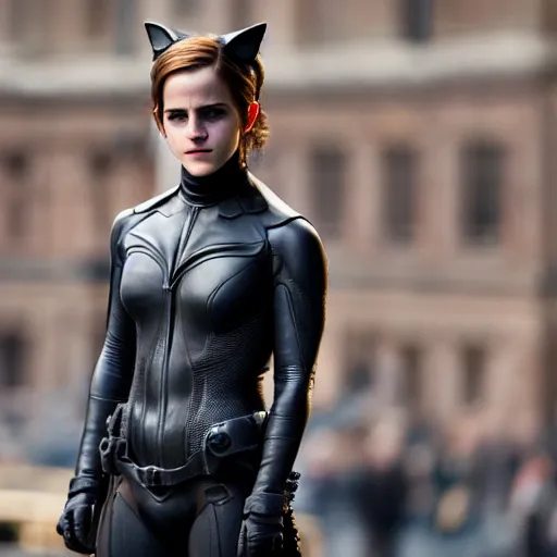 Image similar to Emma Watson as Catwoman, Fujifilm X-T3, 1/1250s at f/2.8, ISO 160, 84mm, 8K, RAW, symmetrical balance, Dolby Vision, HDR, Gigapixel