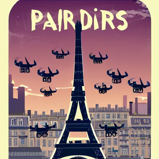 Image similar to Comic artwork of a dark futuristic version Paris in France with drones flying around the Eiffel tower