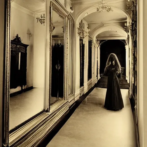 Image similar to a beautiful victorian woman is frightened by her doppleganger in a mirror. she is in a long hallway of mirrors. elegant design, haunting atmosphere, dimly lit, gothic, horror style, realistic, low angle, 3 / 4 view.