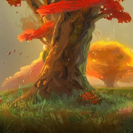 Image similar to 🌿🌾🍄🍂🌼🌲❄🔥⛈, artstation, digital art, felix kelly