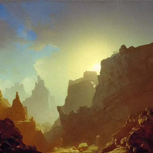 Image similar to an oil painting of a cracked and dry canyon on an alien planet with the sun breaking through clouds by carl spitzweg and tuomas korpi