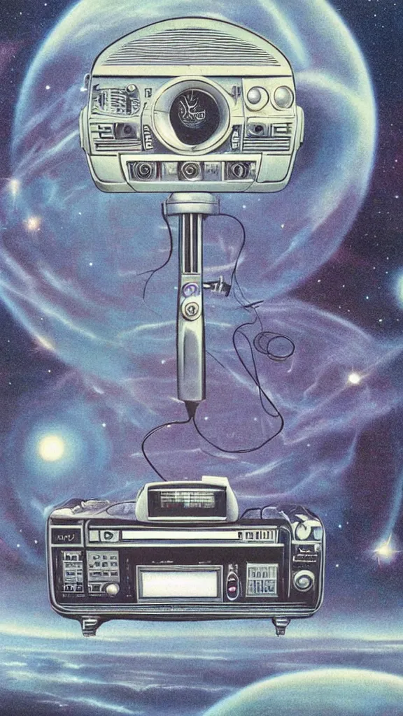 Image similar to 1 9 8 0 s airbrush surrealism illustration of a radio over a cosmic landscape by ryo ohshita