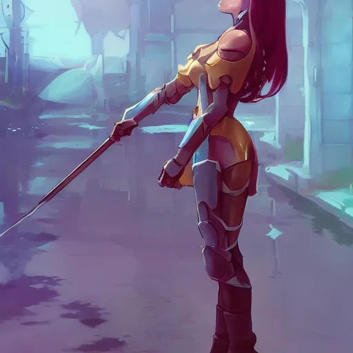 Prompt: long shot fantasy woman in armor looking her reflection in water girl miss attractive eye catching official fanart behance hd artstation, mystic, by Rossdraws and Jesper Ejsing, by Makoto Shinkai and Lois van baarle, ilya kuvshinov