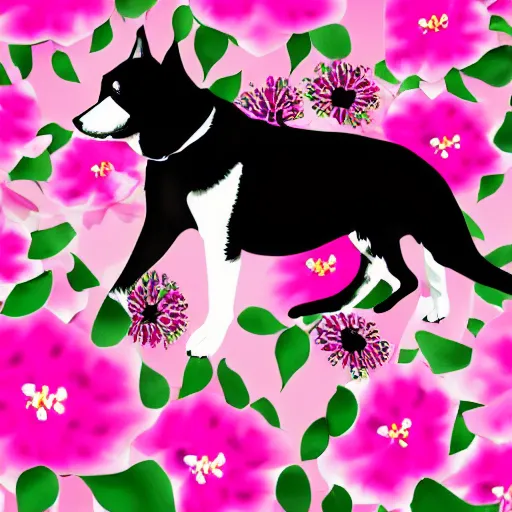 Prompt: dancer silhouette doing gymnastics with a husky lab dalmatian mix with flowers as the background-n 9