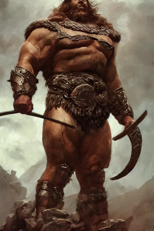 Prompt: giant bodybuilding viking warrior king by ruan jia, jack kirby, norman rockwell, wayne barlow, sergey krasovskiy, zdzislaw beksinski, artstation creature