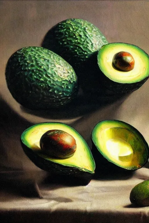 Image similar to A beautiful still life oil painting of Avocados lying on a silk cloth, fog, volumetric lighting, summer, hyperrealistic, colorful, hyperdetailed.