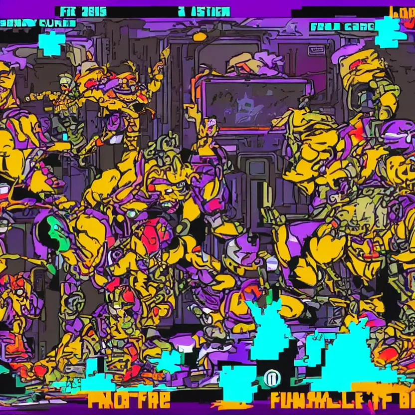 Image similar to family force five facing down a final boss from the last level of an arcade game