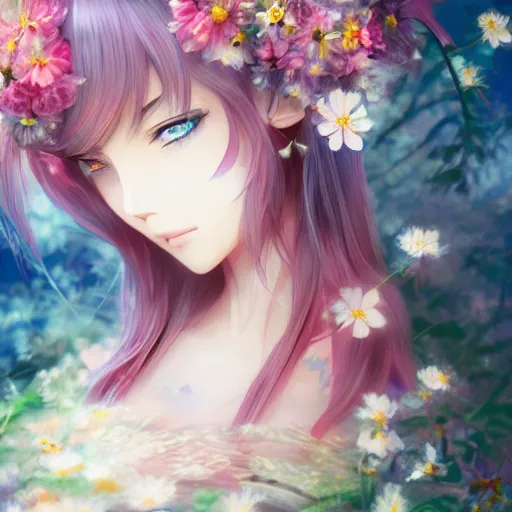 Image similar to Stunning Anime Goddess of the floral river flowers, misty, intricate, beautiful, artstation 8k, high resolution