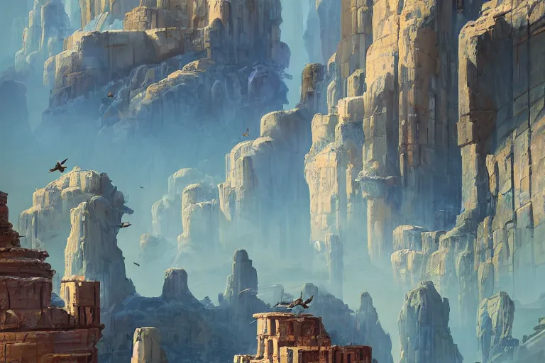 Prompt: an architectural painting of birds flying above the ruins of an archaic city of ancient persia looming above a canyon by syd mead and peter mohrbacher and james gilleard in the style of hugh ferriss