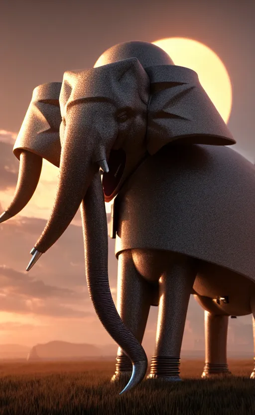 Image similar to hyper realistic and higly detailed photo of a mech elephant. intricate, wiring, electronic componentsss, color diodes. volumetric light. professional digital art, lotr style, extremly detailed, trending on artstation, stuning, octane render, unreal engine 5, 8 k rendering.