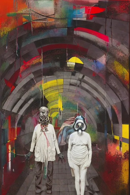 Image similar to two skinny old people wearing gas masks inside a brutalist designed space ship , gothic, rich deep colours, painted by Francis bacon, Adrian ghenie, James jean and Petra cortright, part by Gerhard Richter, part by Takato Yamamoto. 8k masterpiece