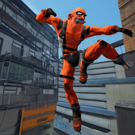 Prompt: gordon freeman jumping across rooftops crowbar in his hand