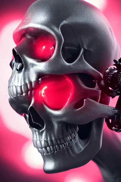 Image similar to closeup shot of a carbon black cyborg, skull, macro shot, dof, cinematic, volumetric lighting, studio shot, octane render, red light, 4 k