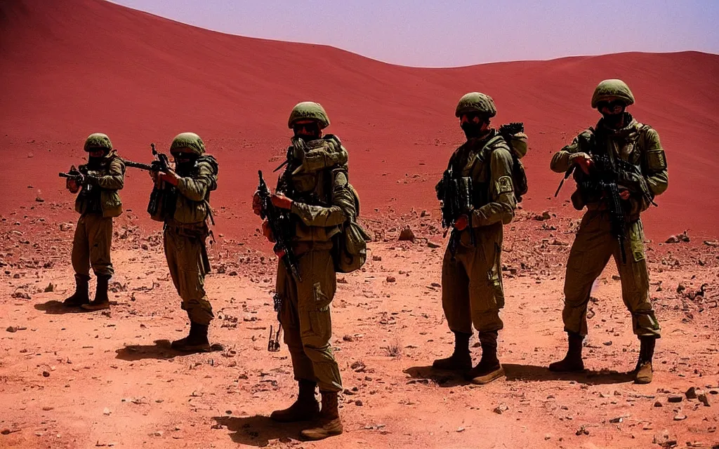 Prompt: in a dusty red desert, a team of five soldiers in dark green tactical gear like death stranding, look into the distance. They 're afraid. mid day, heat shimmering, color, 35mm film photography