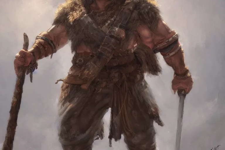 Image similar to a full body fantasy portrait oil painting illustration of a single rugged stoic barbarian man by Justin Sweet with face and body clearly visible, d&d, rpg, forgotten realms, artstation trending, high quality, sombre mood, artstation trending, muted colours, no crop, entire character,