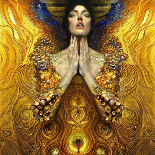 Prompt: Visions of Hell by Karol Bak, Jean Deville, Gustav Klimt, and Vincent Van Gogh, beautiful visionary mystical portrait, otherworldly, fractal structures, ornate gilded medieval icon, third eye, spirals