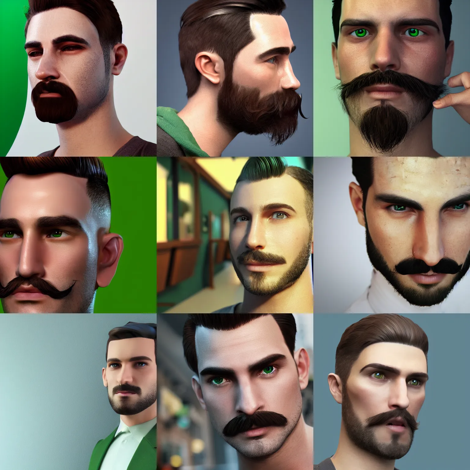 Prompt: 3d render of a man with undercut brown hair,green eyes,thin moustache,octane,ray tracing,nvidia,rtx,unreal engine,realistic