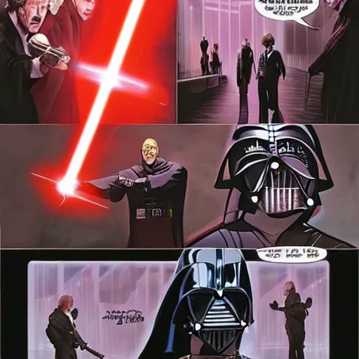 Image similar to saul goodman lightsaber duel with darth vader on the death star, highly detailed