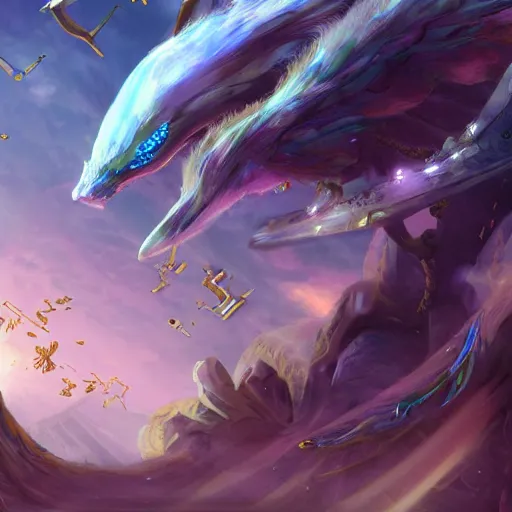 Image similar to the ancient world, hyper complexity, highly detailed, cinematic lighting, pastel colored sunrise, flying robotic racoon with gold metal huge wings on its back in the cloudy sky, sharp outlines, complete whole shrimp body, another sleeping racoon face in the clouds watching each other, hyperrealistic, trending on pixiv fanbox, love death robot,