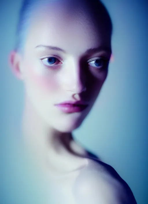 Image similar to kodak portra 4 0 0 photo portrait of a beautiful woman in style of paolo roversi, lightpainting motion blur, elegant, soft coloured gel lighting, highly detailed, sharp focus, ethereal, out worldly colours, emotionally evoking, head in focus, soft blur coloured gel light dreamy, volumetric lighting