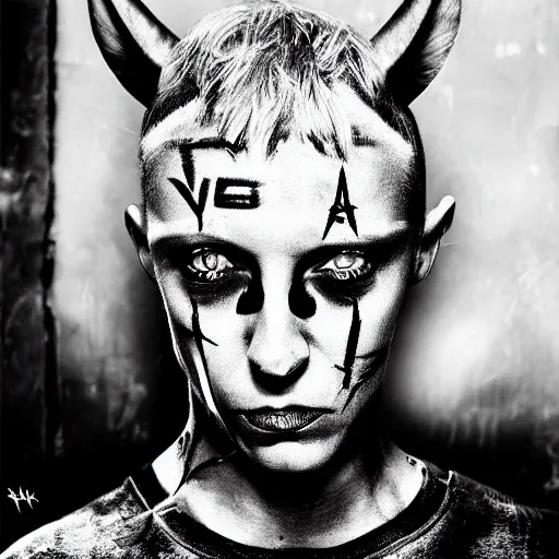 Image similar to die antwoord chappie portrait, back and white, zef design graffiti in the background, dark lighting, freaky, digital art