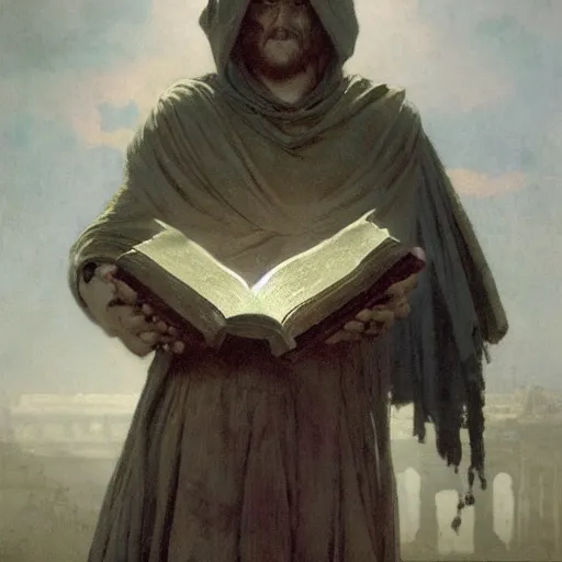 Prompt: half portait of wizzard wearing a closed cowl and big old book! chained to the wrist, jeremy mann, jean - leon gerome, tiepolo, alphonse mucha, greg rutkowski, face in the shadows, ( ( ruins of ancient rome ) ), at dusk, mysterious atmosphere, sunrays, dof, high detailed, 8 k