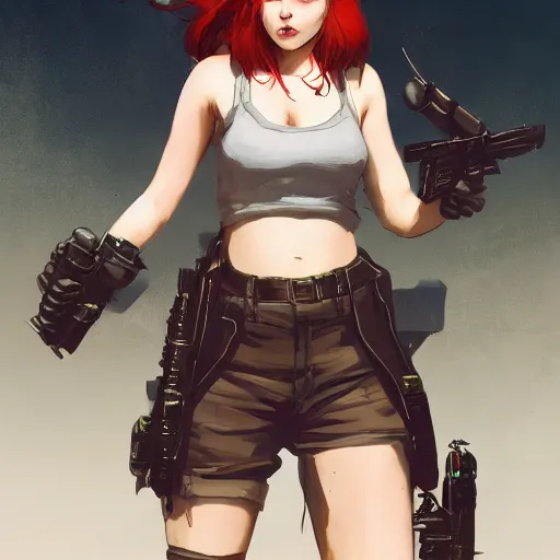 Image similar to A redheaded girl wearing a crop top, shorts and wielding a gun, character design by charles bowater,greg rutkowski,ross tran,hyperdetailed,hyperrealistic,4k,deviantart,artstation,professional photography,concept art, anime