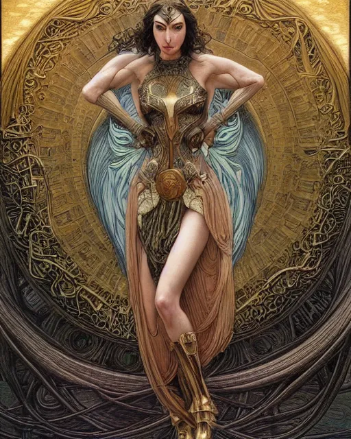 Image similar to in the style of beautiful gal gadot, steampunk, detailed and intricate by jean delville, gustave dore and marco mazzoni, art nouveau, symbolist, visionary, gothic, pre - raphaelite