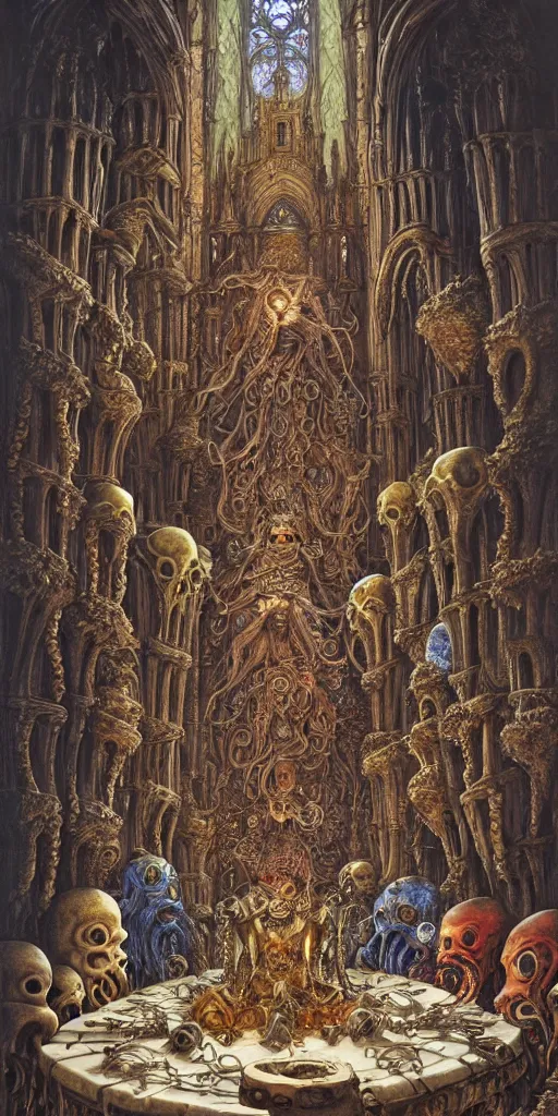 Image similar to mages with human bodies and magical armour with octopus heads sitting near the table in an ancient mage castle with enormous scale, gothic and baroque, brutalist architecture, ultradetailed, Intricate by John Howe and Josan Gonzalez and Giuseppe Arcimboldo